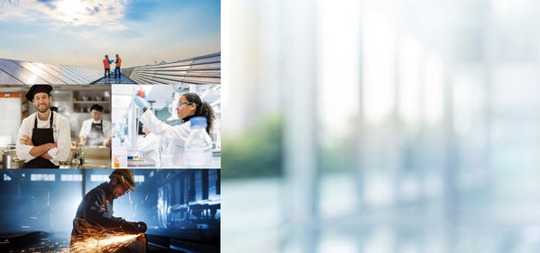 Collage von Fachkräften aus verschiedenen Berufen links, rechts unscharf abstrakte Grauglas Wand